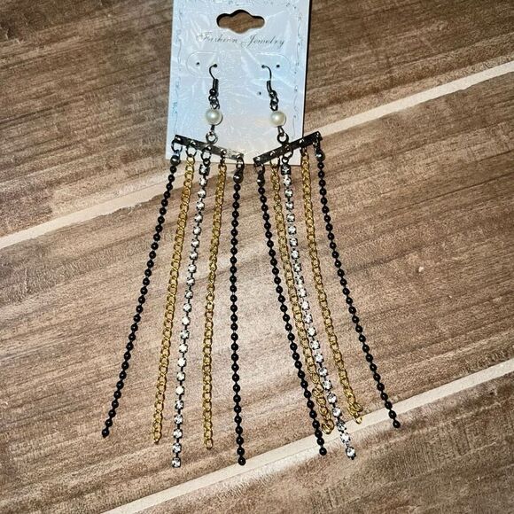 Long Wide Chain Fringe Dangle Chandelier Earring Black Gold Tone Rhinestone - Picture 1 of 6